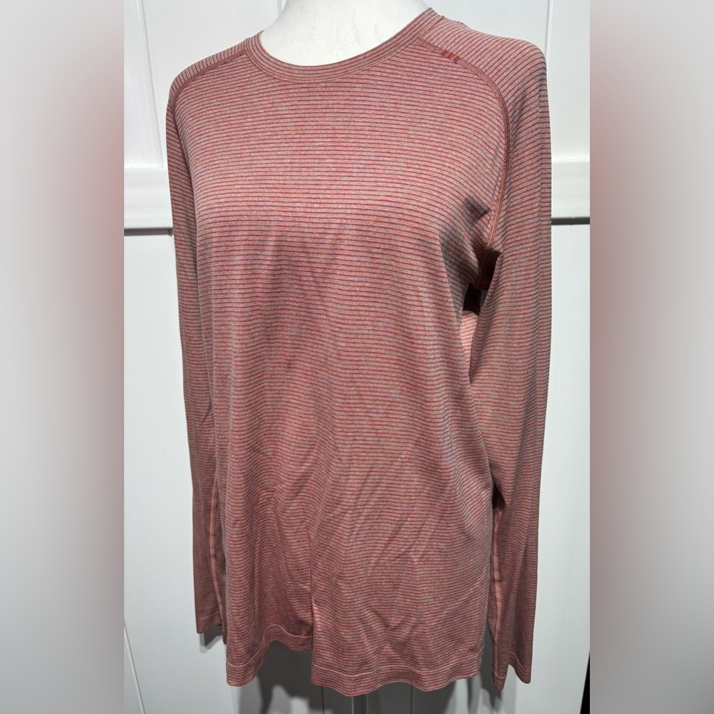 Lululemon Mens Vent Tech maroon/salmon with blue stripe long sleeve shirt